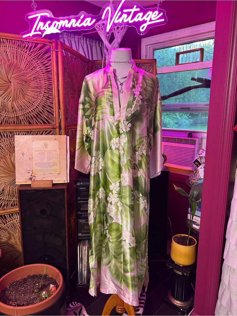 Oscar de la Renta Green & White Floral Satin Caftan